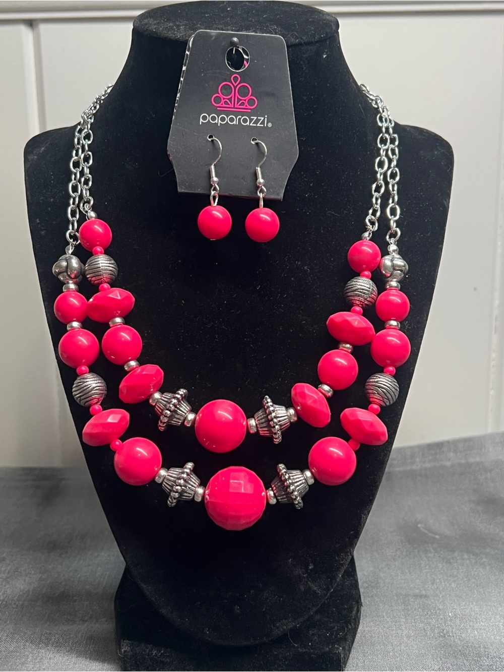 Paparazzi Vibrant Pink Double-Strand Beaded Necklace with Matching Earrings